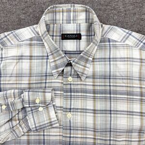 Canali Sportswear Shirt Mens Large Blue Plaid Linen Long Sleeve Button Up Italy